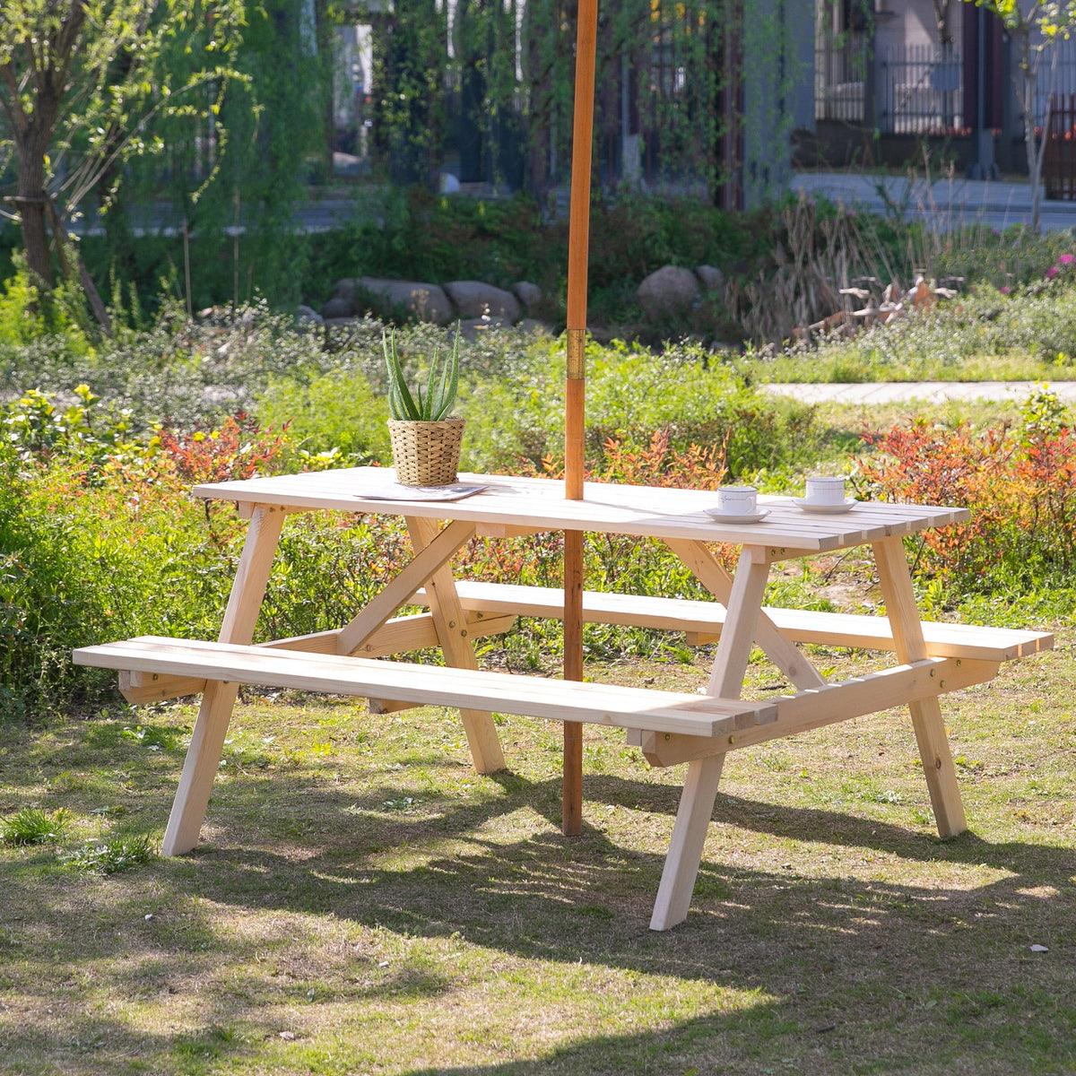 Wood Picnic Table and Bench Set with Umbrella Hole for Outdoor, Garden, Patio, Natural