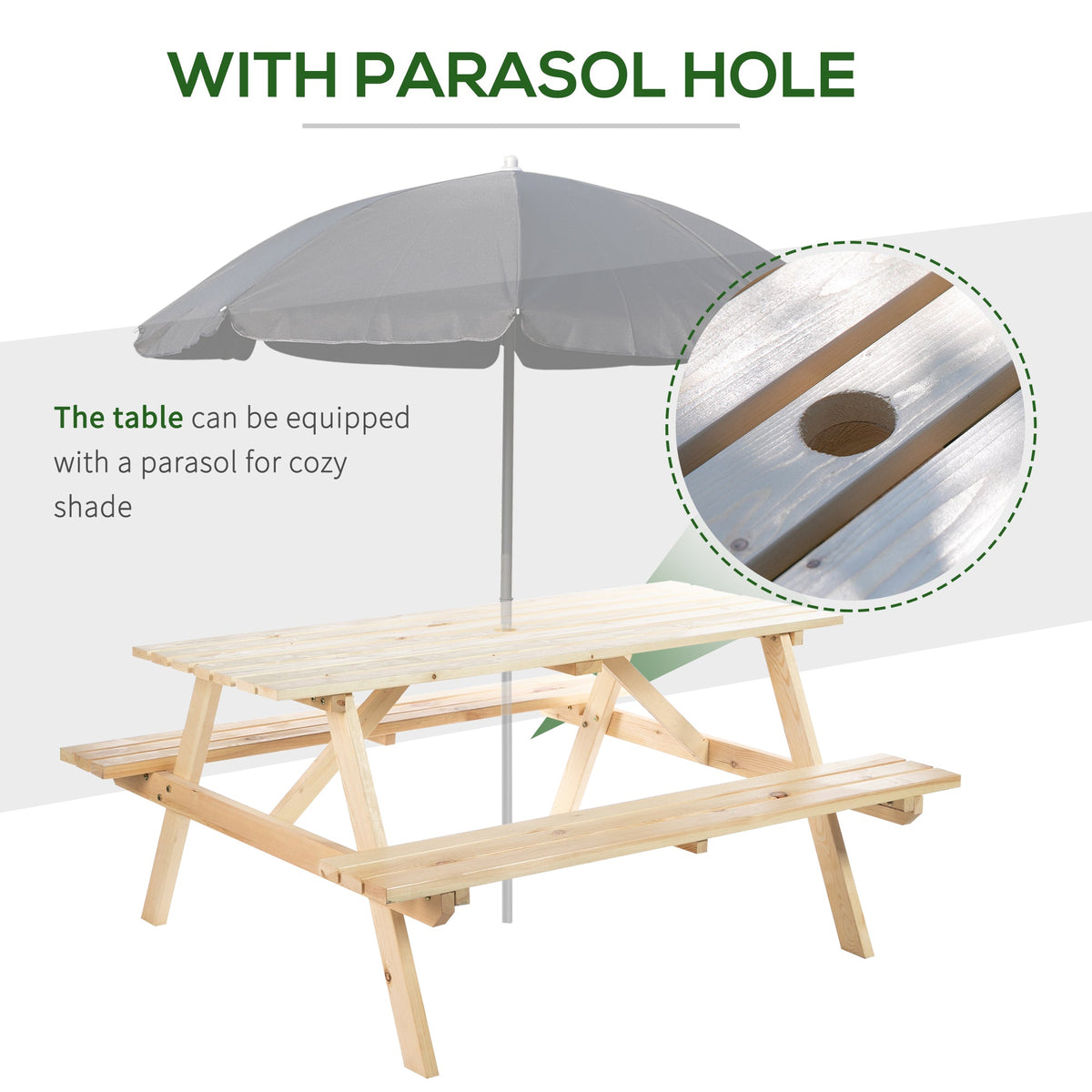 Wood Picnic Table and Bench Set with Umbrella Hole for Outdoor, Garden, Patio, Natural
