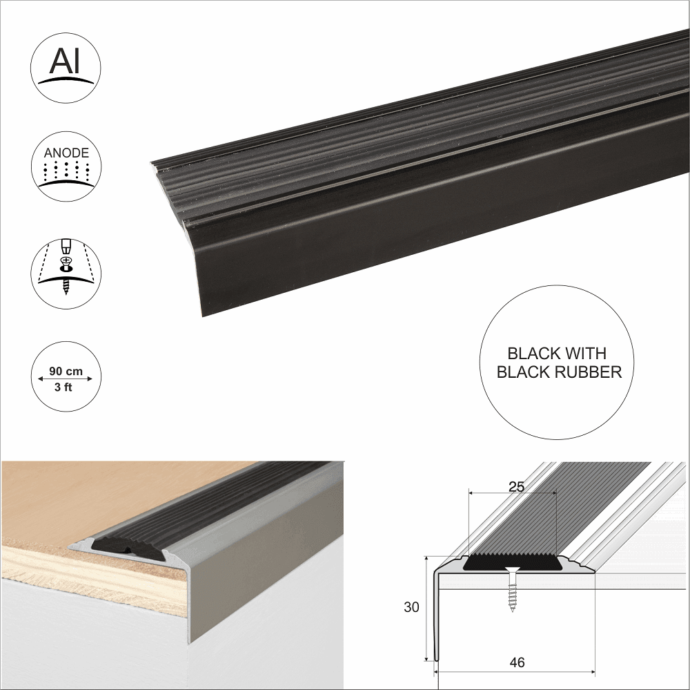 Black stair nosing with black anti-slip rubber insert. Includes installation example on wood stair edge, technical cross-section diagram (46mm tread x 30mm riser), screw-fit design, 90cm (3ft) length, and icons for anodised aluminium protection.
