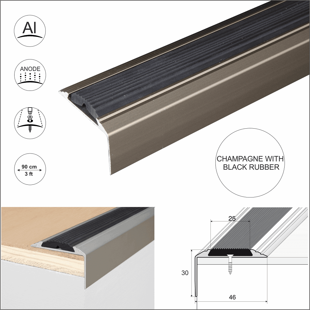 Champagne  stair nosing with black anti-slip rubber insert. Includes installation example on wood stair edge, technical cross-section diagram (46mm tread x 30mm riser), screw-fit design, 90cm (3ft) length, and icons for anodised aluminium protection.