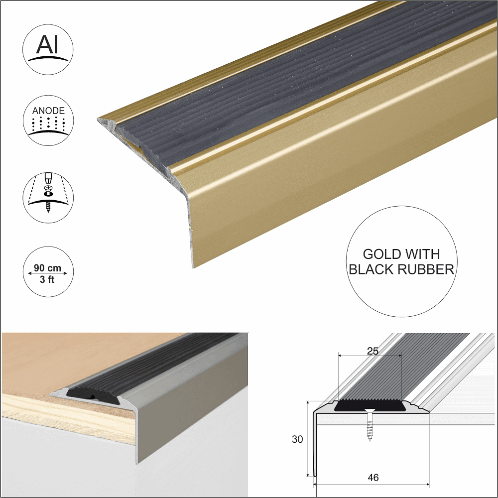 Gold stair nosing with black anti-slip rubber insert. Includes installation example on wood stair edge, technical cross-section diagram (46mm tread x 30mm riser), screw-fit design, 90cm (3ft) length, and icons for anodised aluminium protection.