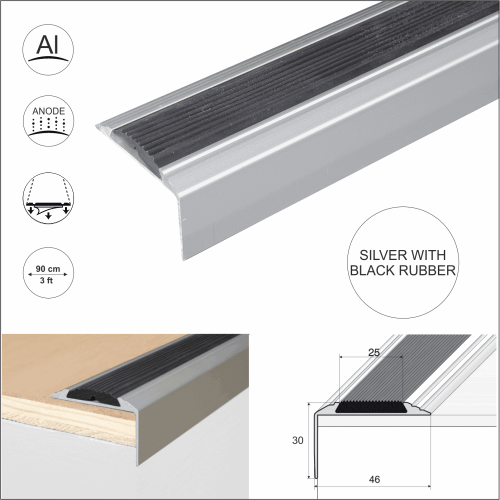 Silver stair nosing with black anti-slip rubber insert. Includes installation example on wood stair edge, technical cross-section diagram (46mm tread x 30mm riser), screw-fit design, 90cm (3ft) length, and icons for anodised aluminium protection.