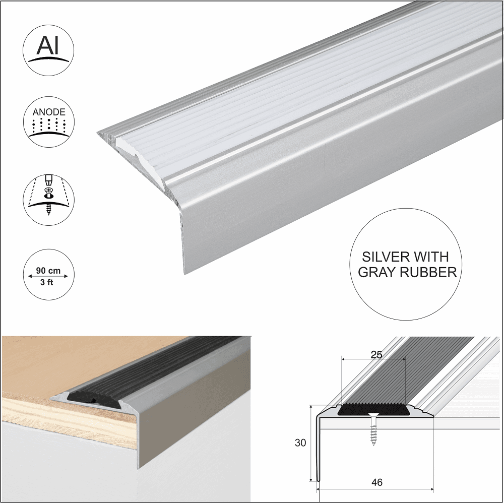 Silver stair nosing profile with grey rubber grip insert. Includes close-up installation example, technical cross-section drawing (46mm tread x 30mm riser), and features: anodised aluminium, easy screw fit, 90cm (3ft) length.