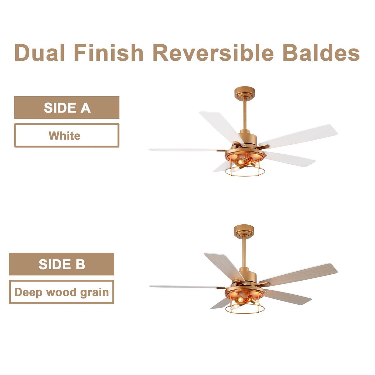 Industrial 52 Inch Gold/Black Caged Ceiling Fan with Light Quiet Reversible DC Motor with 6 Speed Remote Control Ceiling Fan 5 Blades Ceiling Fan Suit for Kitchen Bedroom Living Room
