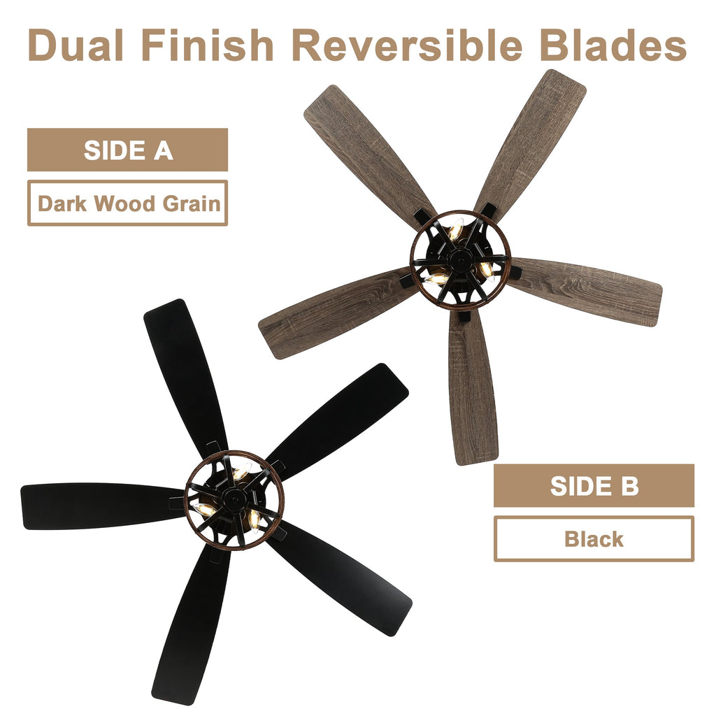 52 Inch Farmhouse Flush Mount Ceiling Fan with Lights and Remote, 6 Speeds DC Motor Reversible Low Profile Ceiling Fan for Living Room