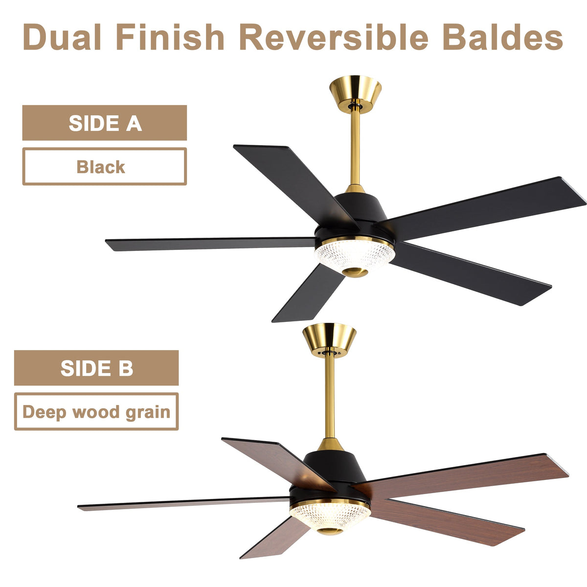 52 Inch Black and Gold Modern Ceiling Fan with LED Light and Remote Control, 6 Speeds DC Motor 5-Blade Reversible Ceiling Fan for Living Room