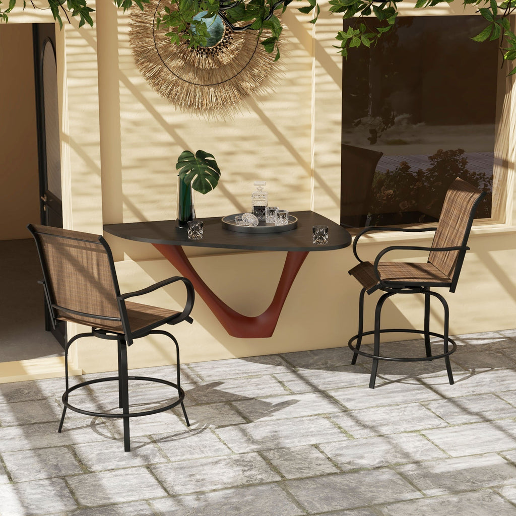 Set of 2 Outdoor Bar Stools with Armrests, 360 Degrees Swivel, Brown