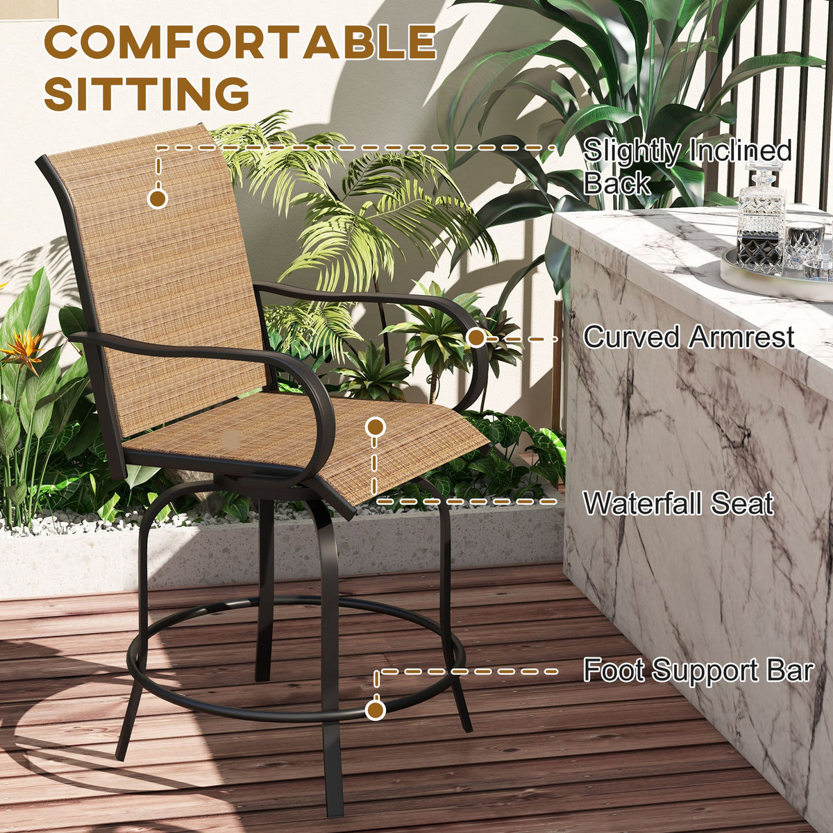 Set of 2 Outdoor Bar Stools with Armrests, 360 Degrees Swivel, Brown