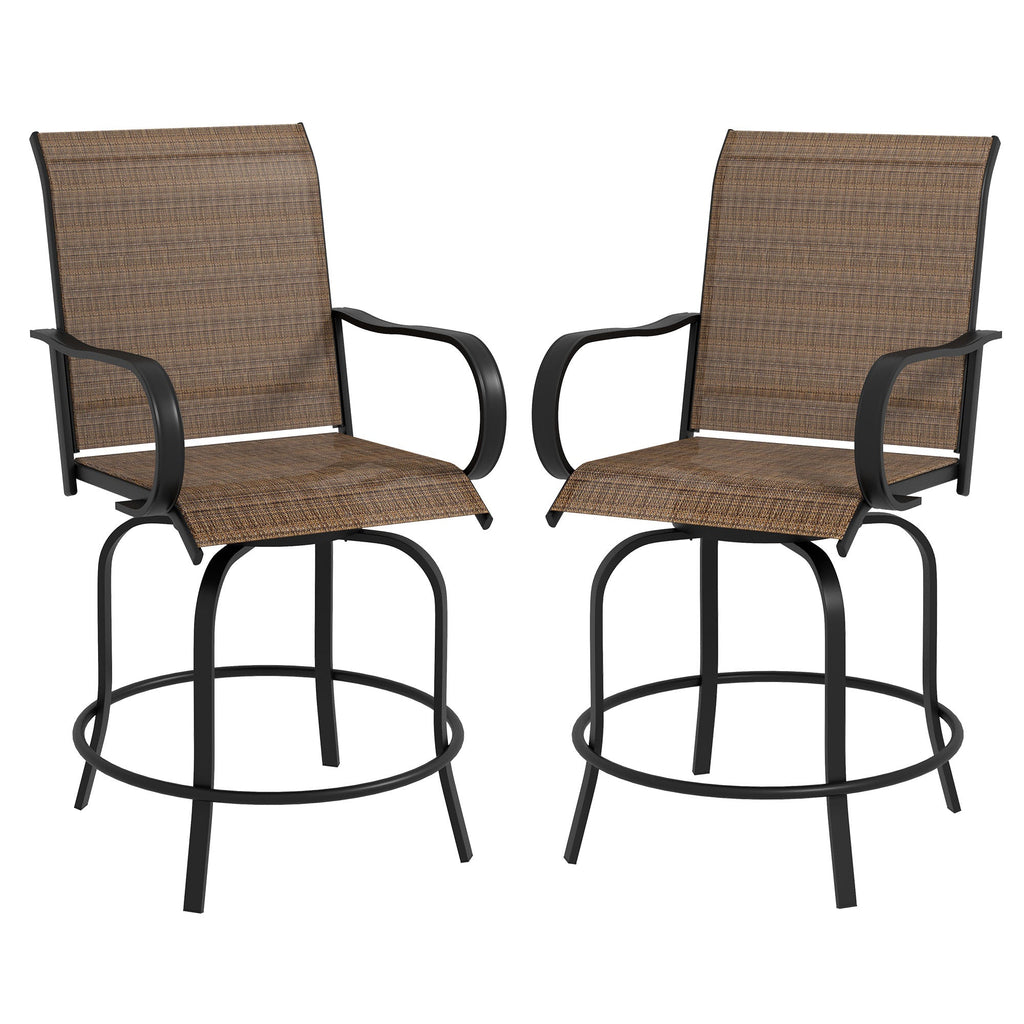 Set of 2 Outdoor Bar Stools with Armrests, 360 Degrees Swivel, Brown