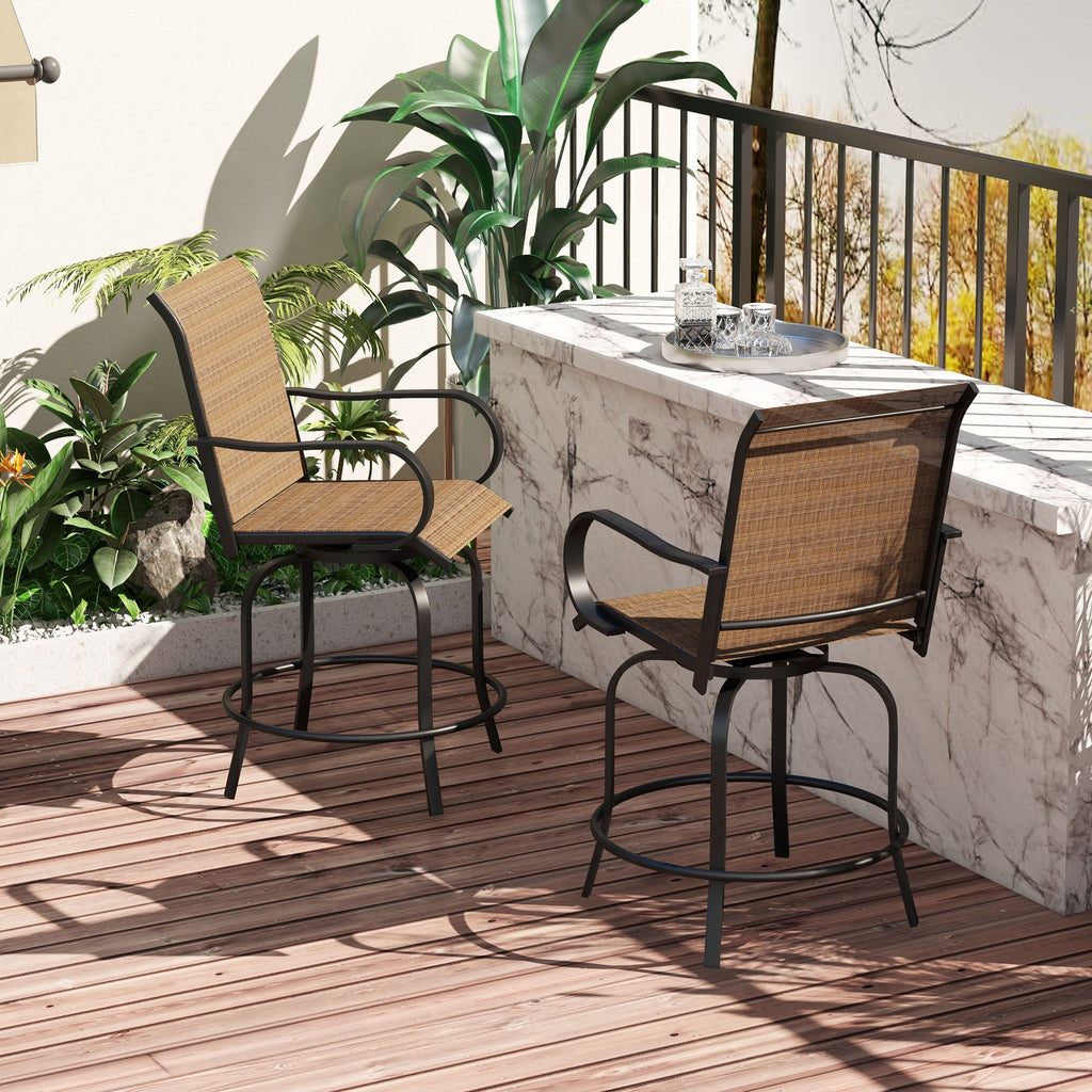 Set of 2 Outdoor Bar Stools with Armrests, 360 Degrees Swivel, Brown