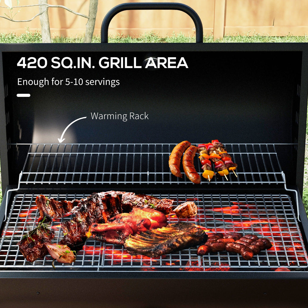 420 sq.in Charcoal BBQ Grill with Wheels, Ash Catcher, Black