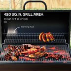 420 sq.in Charcoal BBQ Grill with Wheels, Ash Catcher, Black