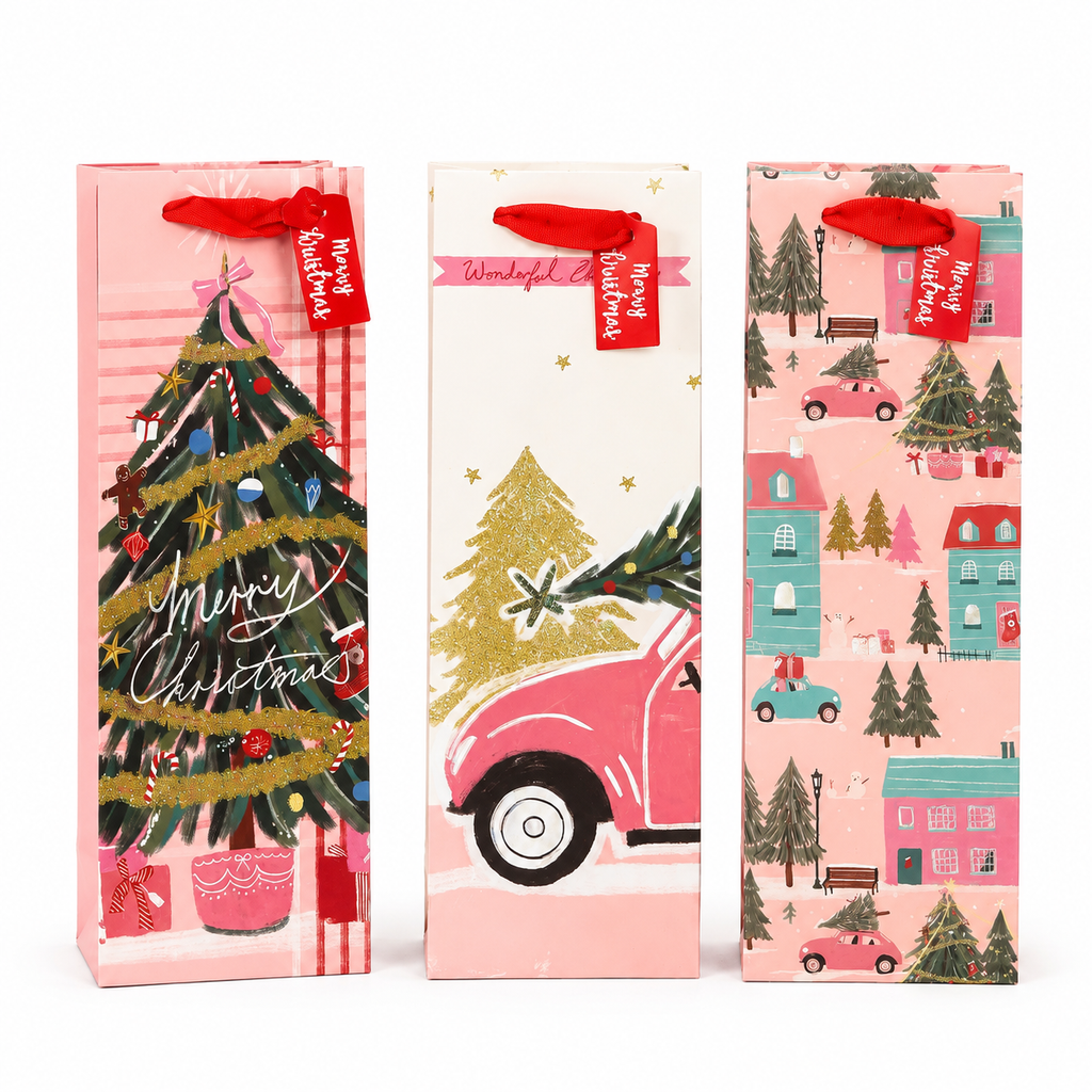 12PK Christmas Wine Bottle Gift Bags Xmas Present Packaging 12x35cm 4 Designs