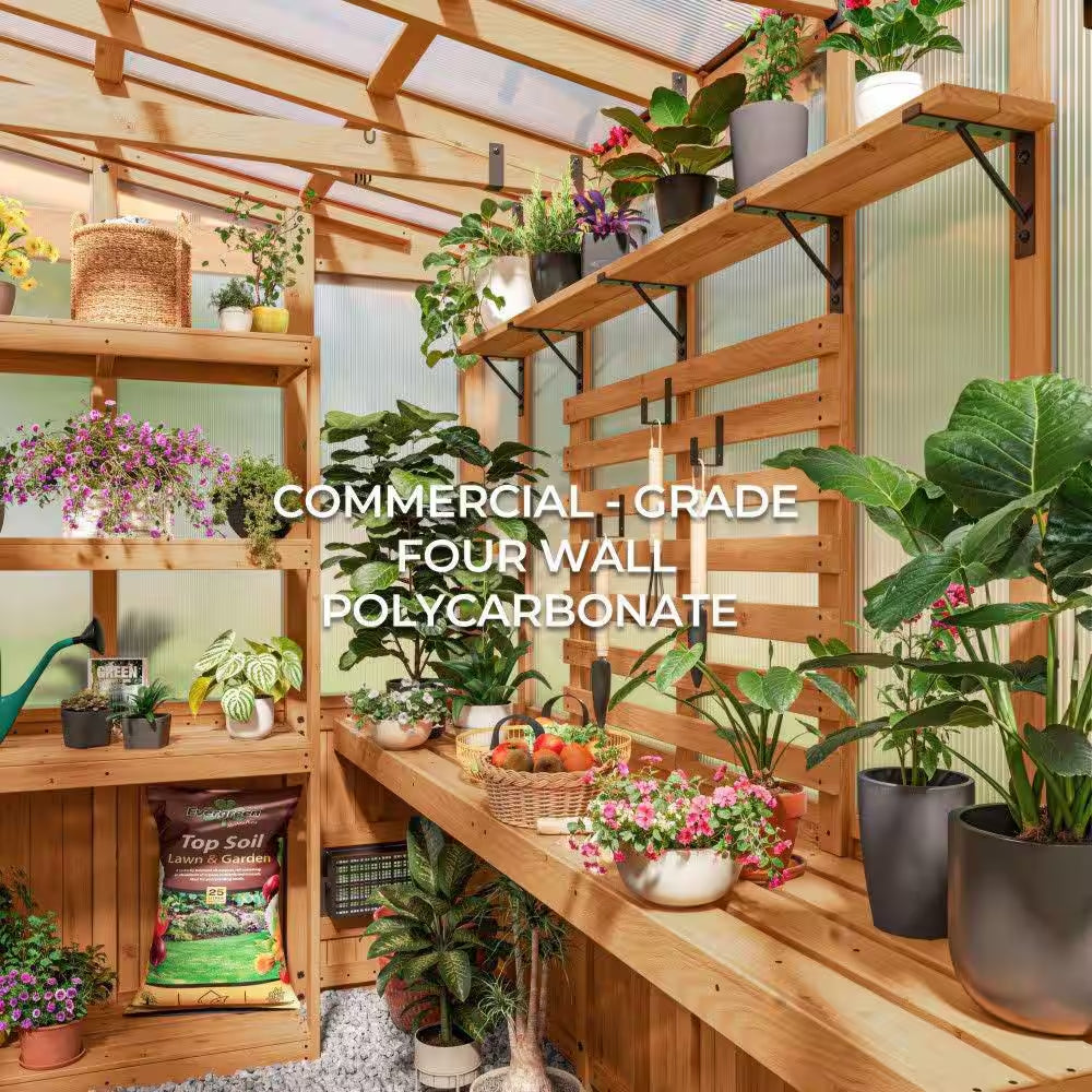 Poppy 9 x 6 ft Cedar Wood and Polycarbonate Walk-In Greenhouse Kit with PowerPort