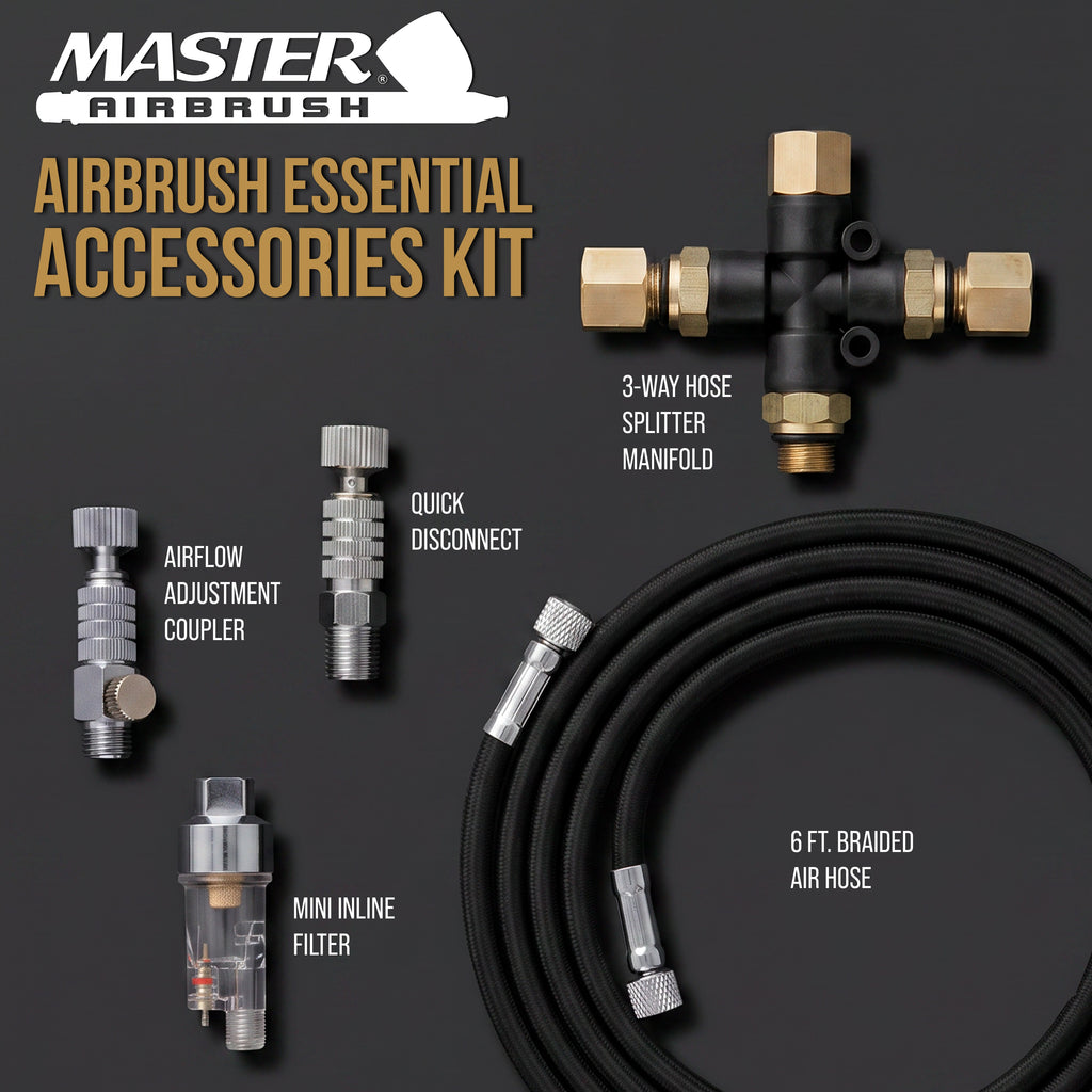 Essential Accessories Kit with 6 ft. Braided Airbrush Hose, Mini Inline Filter, Quick Disconnect, Airflow Adjustment Couplers, and