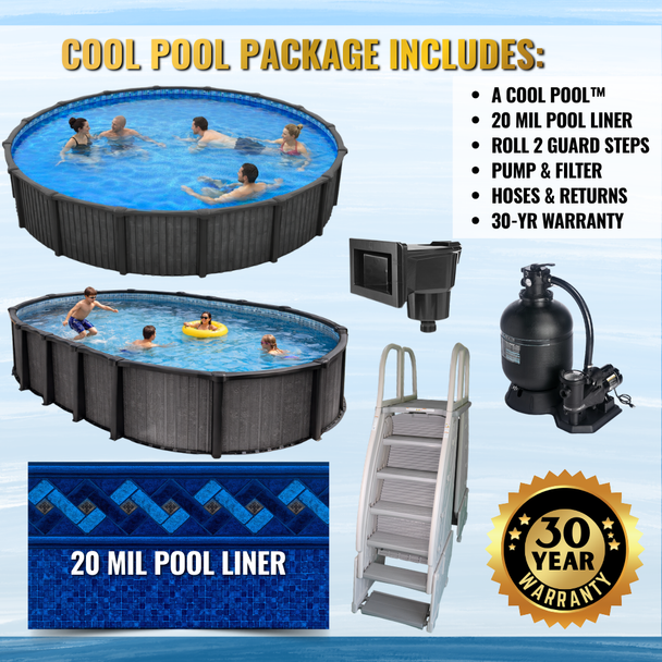 30' Round Cool Pool 54” Salt Friendly Above Ground Round Pool Package w/ In-Pool Step