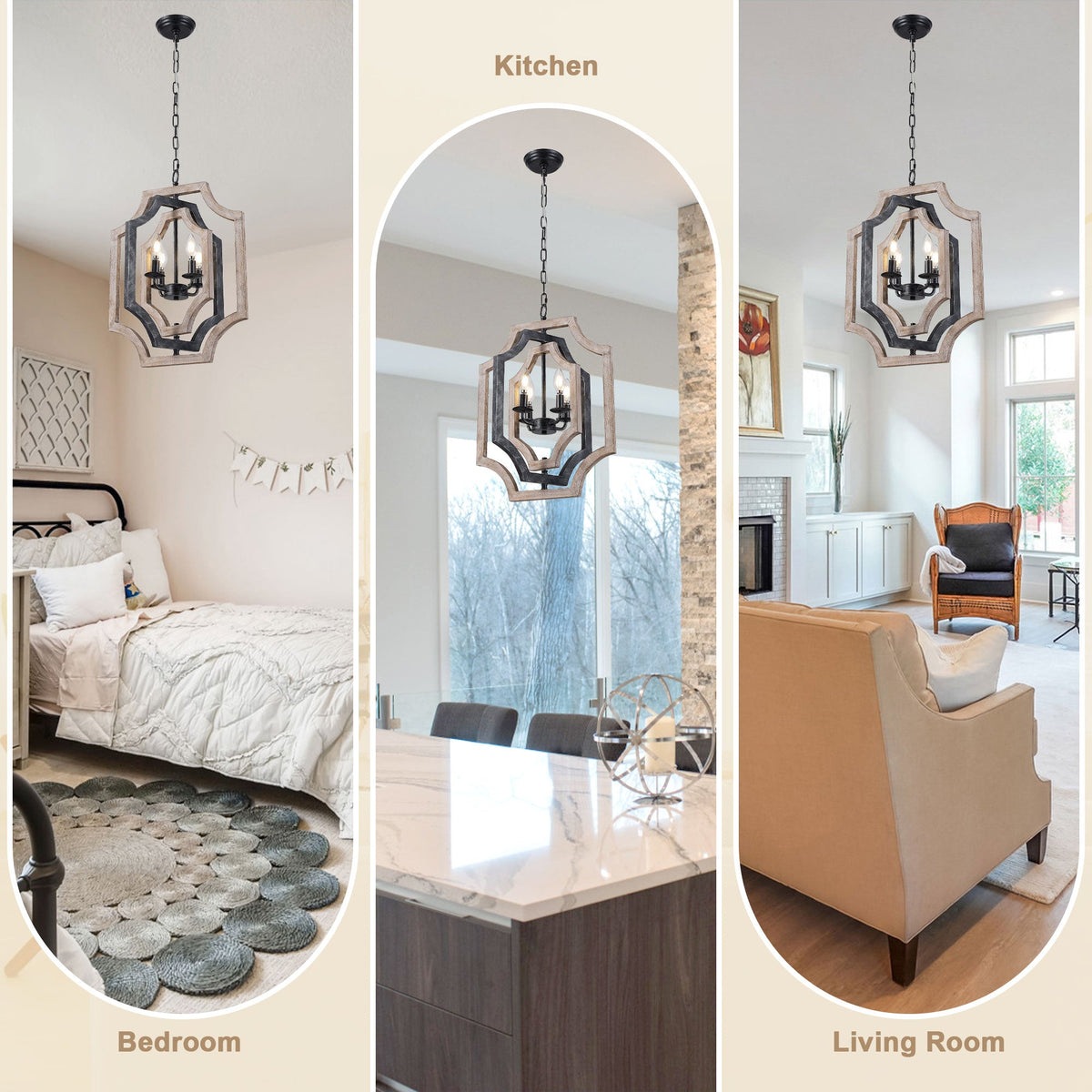 4 - Lights Distressed Wood Chandelier with Adjustable Chain, 16.9" Geometric Chandelier for Entryway with DIY Shade