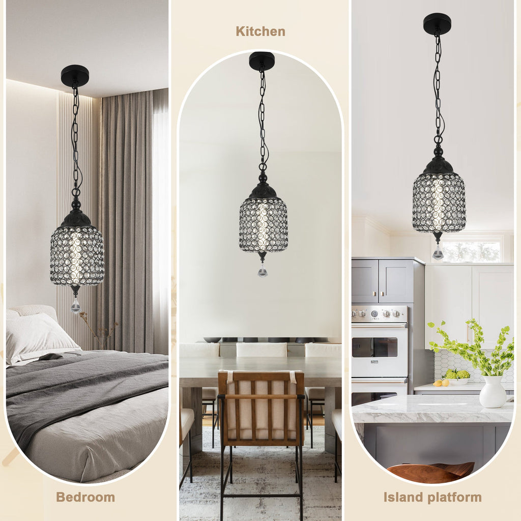 1 - Light Black/Chrome Cylinder Crystal LED Pendant Light, 7.3" Dining Room Light Fixtures Kitchen Island Light