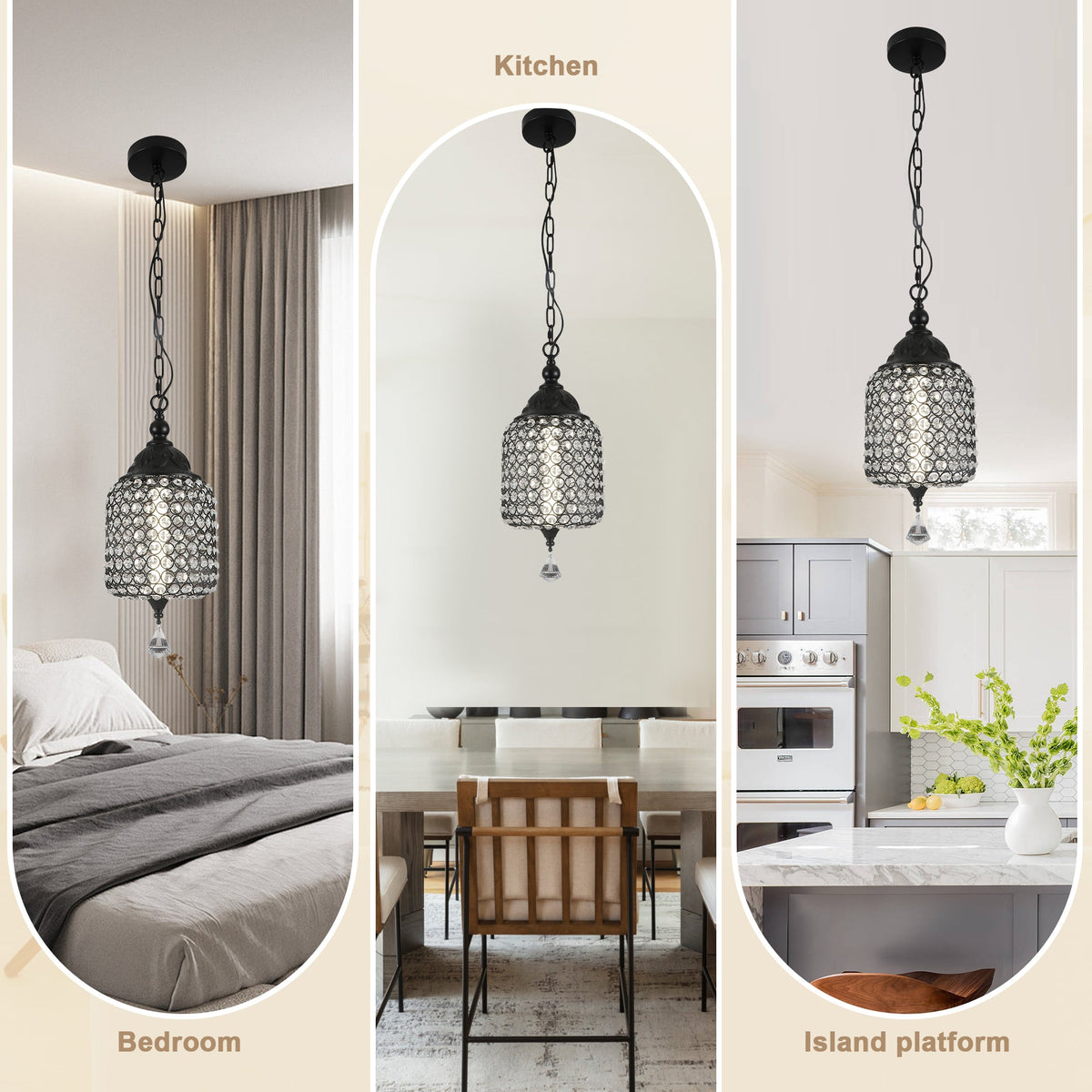 1 - Light Black/Chrome Cylinder Crystal LED Pendant Light, 7.3" Dining Room Light Fixtures Kitchen Island Light