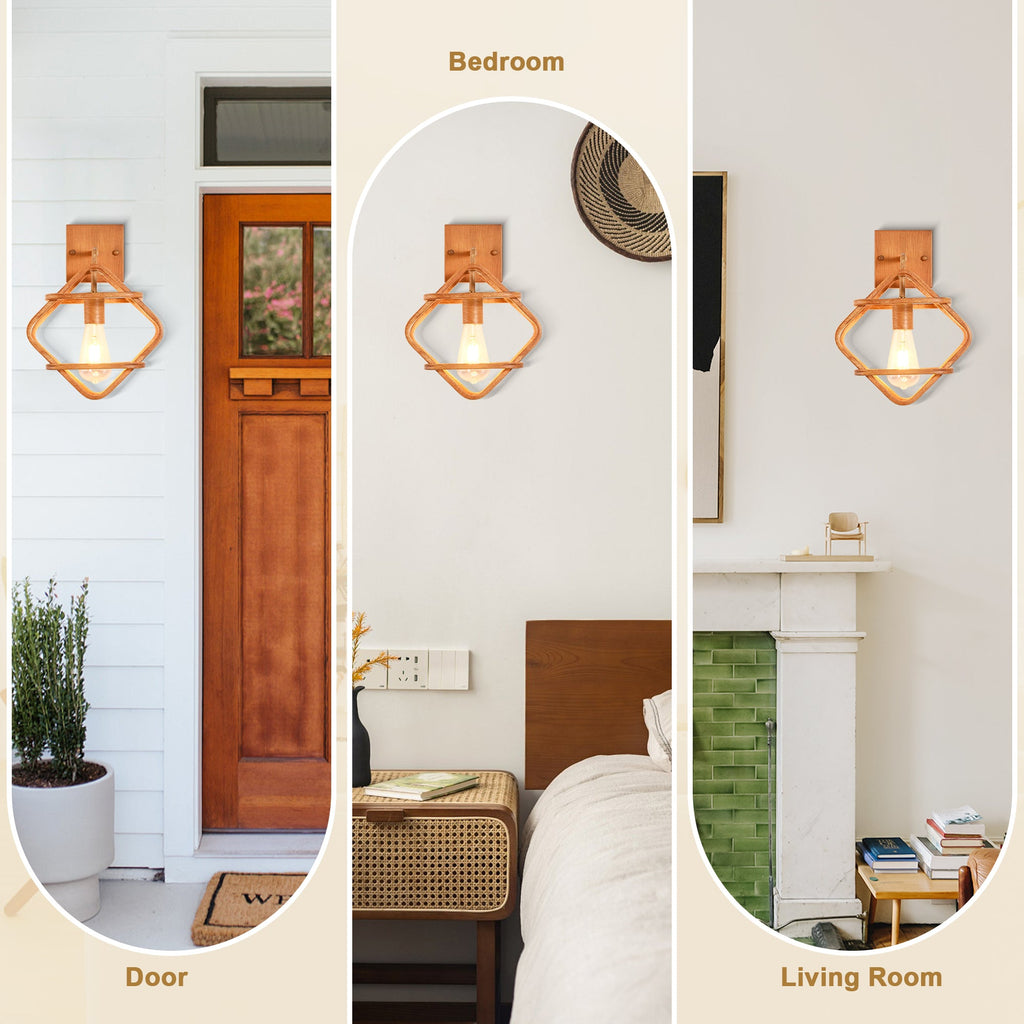 1 - Light Wood Grain Farmhouse Wall Sconces, Rustic Wall Light for Bedroom Hallway