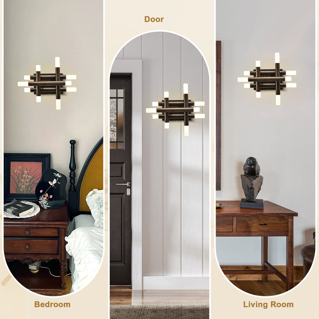 13 Inch Dark Brown Farmhouse Wood Flush Mount Wall Sconces with LED Lights, Rustic Wall Light for Hallway Bedroom