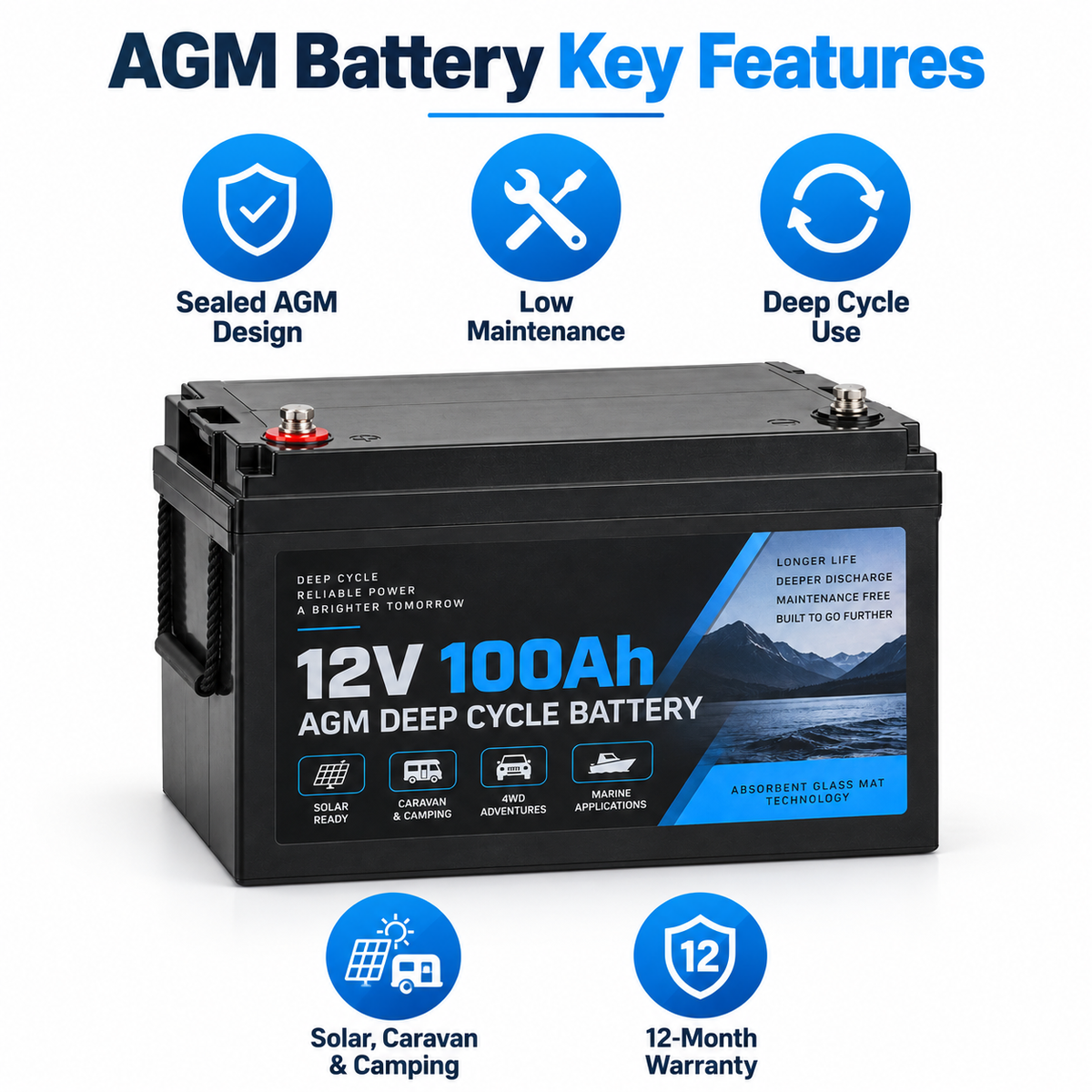 12V 115Ah AGM Deep Cycle Battery – Solar, Caravan & Camping