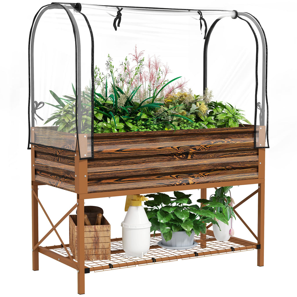 Metal Elevated Garden Bed with Cover & Bottom Shelf for Backyard, 41.75" x 21.25" x 53.25", Brown