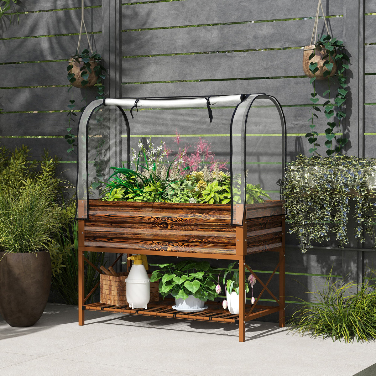 Metal Elevated Garden Bed with Cover & Bottom Shelf for Backyard, 41.75" x 21.25" x 53.25", Brown
