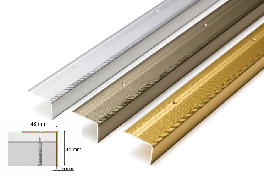 Aluminium Stair Nosing 48mm x 34mm x 118cm Length Step Edge Trim Anodised Silver, Gold, Champagne- SN RY48