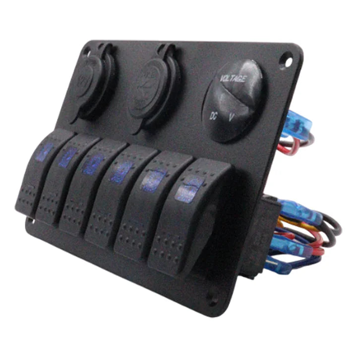 Exotronic 12/24V 6x LED Rocker, Voltmeter, Accessory/Cigarette, Dual USB Socket Marine Switch Panel