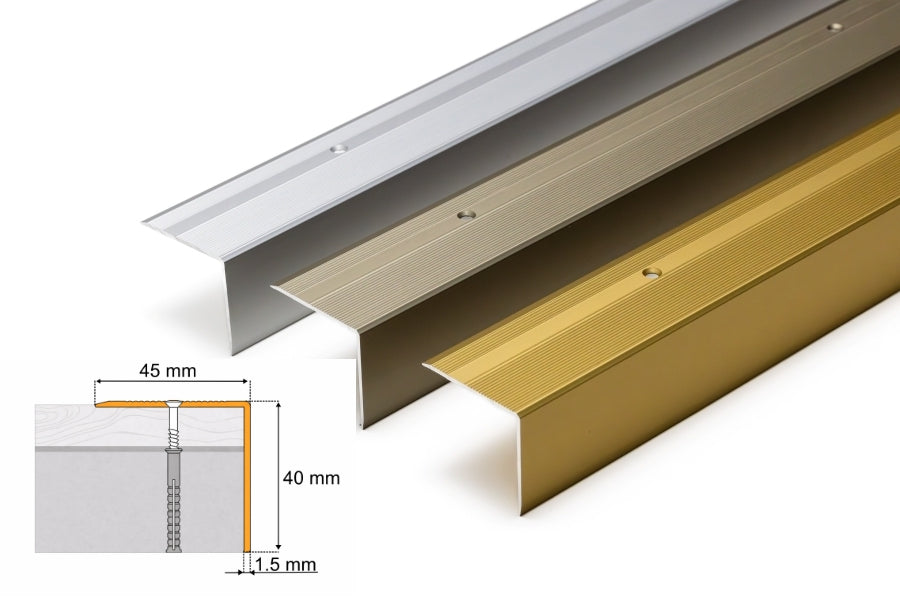 Aluminium Stair Nosing 45mm x 40mm x 118cm Length Step Edge Trim Anodised Silver, Gold, Champagne- SN RY45