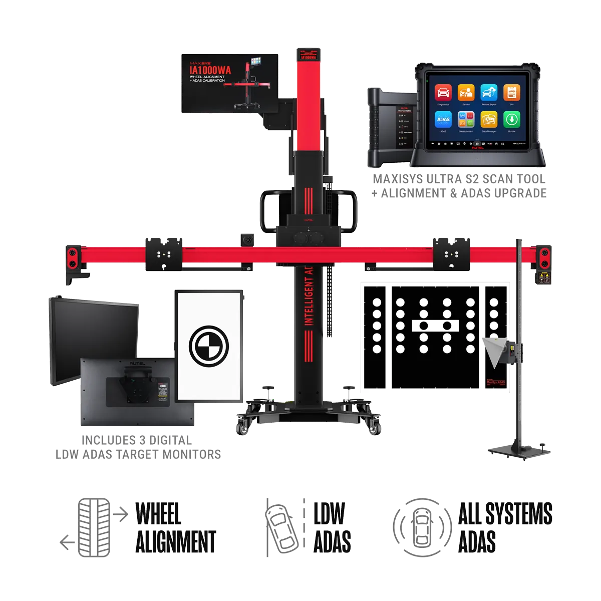 Autel IA1000ASTDT All-Systems ADAS Calibration & Wheel Alignment System with LDW Digital Targets and MaxiSYS Ultra S2 Tablet