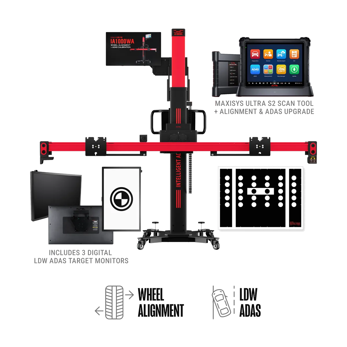 Autel IA1000LDWTDT ADAS Calibration & Wheel Alignment System with LDW Targets, Digital Targets & MaxiSYS Ultra S2 Tablet