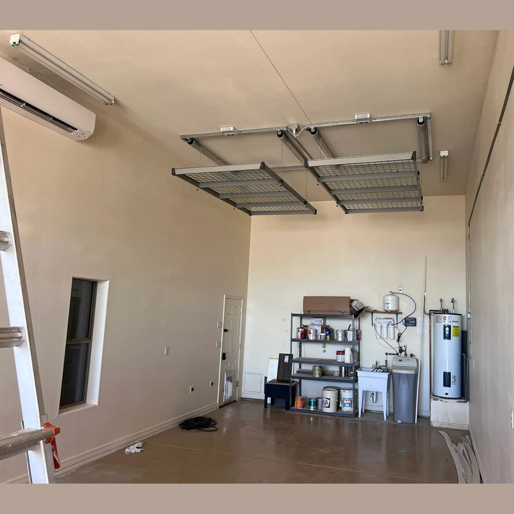 Auxx-Lift Motorized Garage Storage Platform — Remote-Controlled Overhead Ceiling Lift, 400–800 lb, Assembled in USA