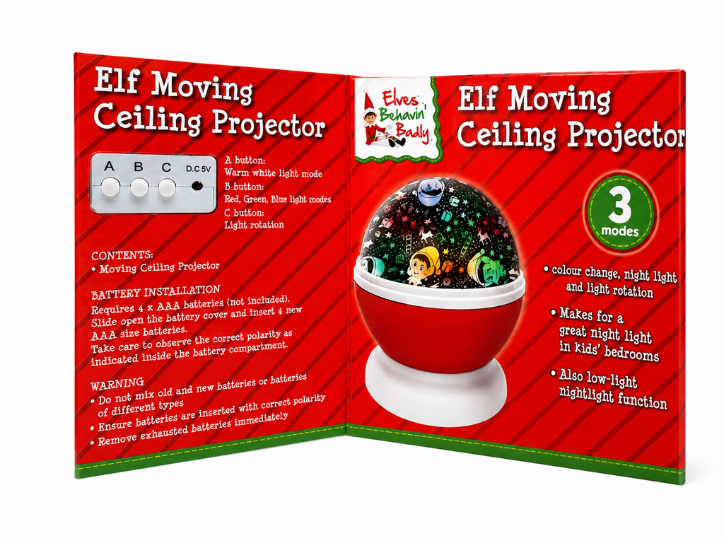 Elf Moving Ceiling Projector Kids Christmas Night Light 3 Modes Rotating LED