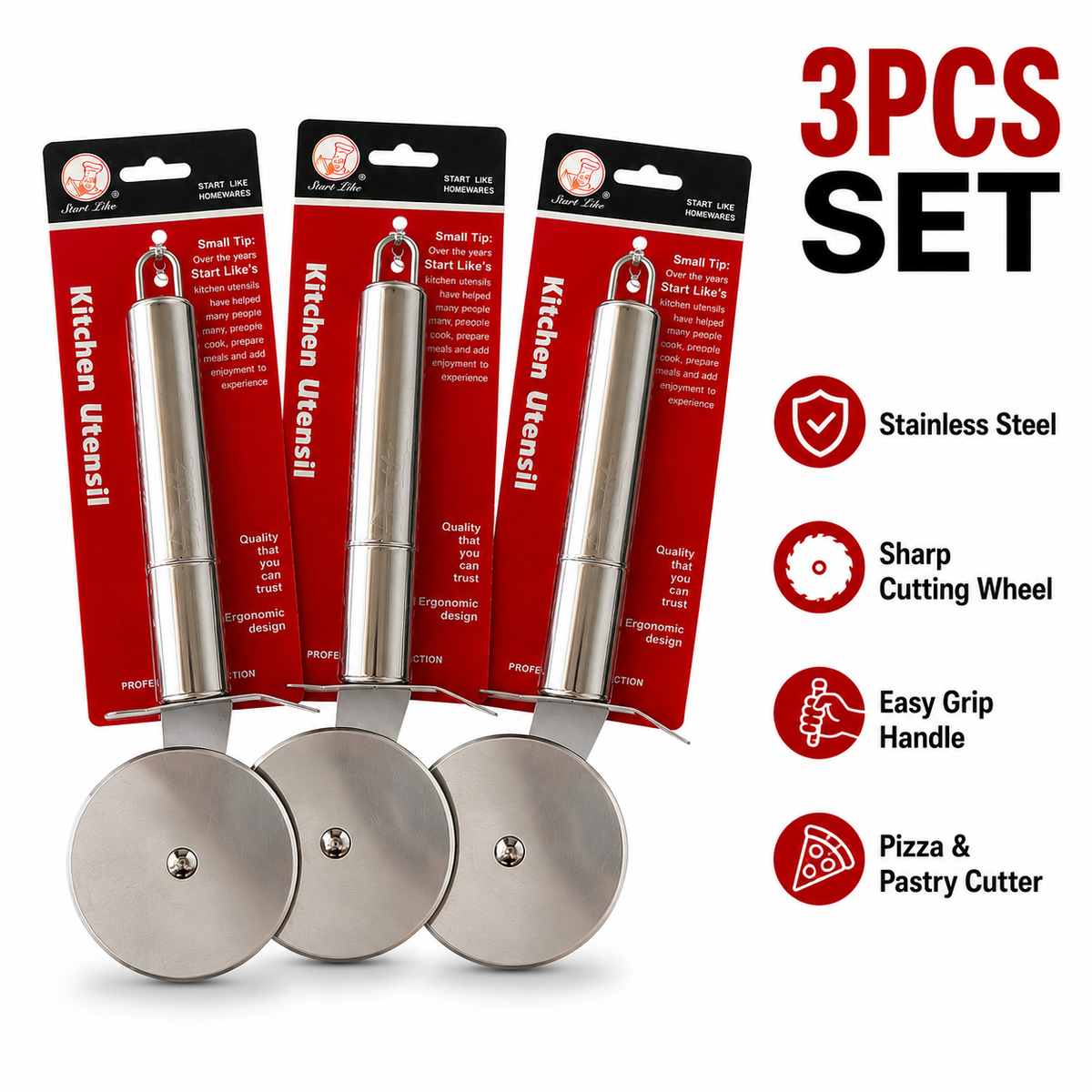 3PCS Stainless Steel Pizza Cutter Wheel Pizza Pastry Cutter Kitchen Tool