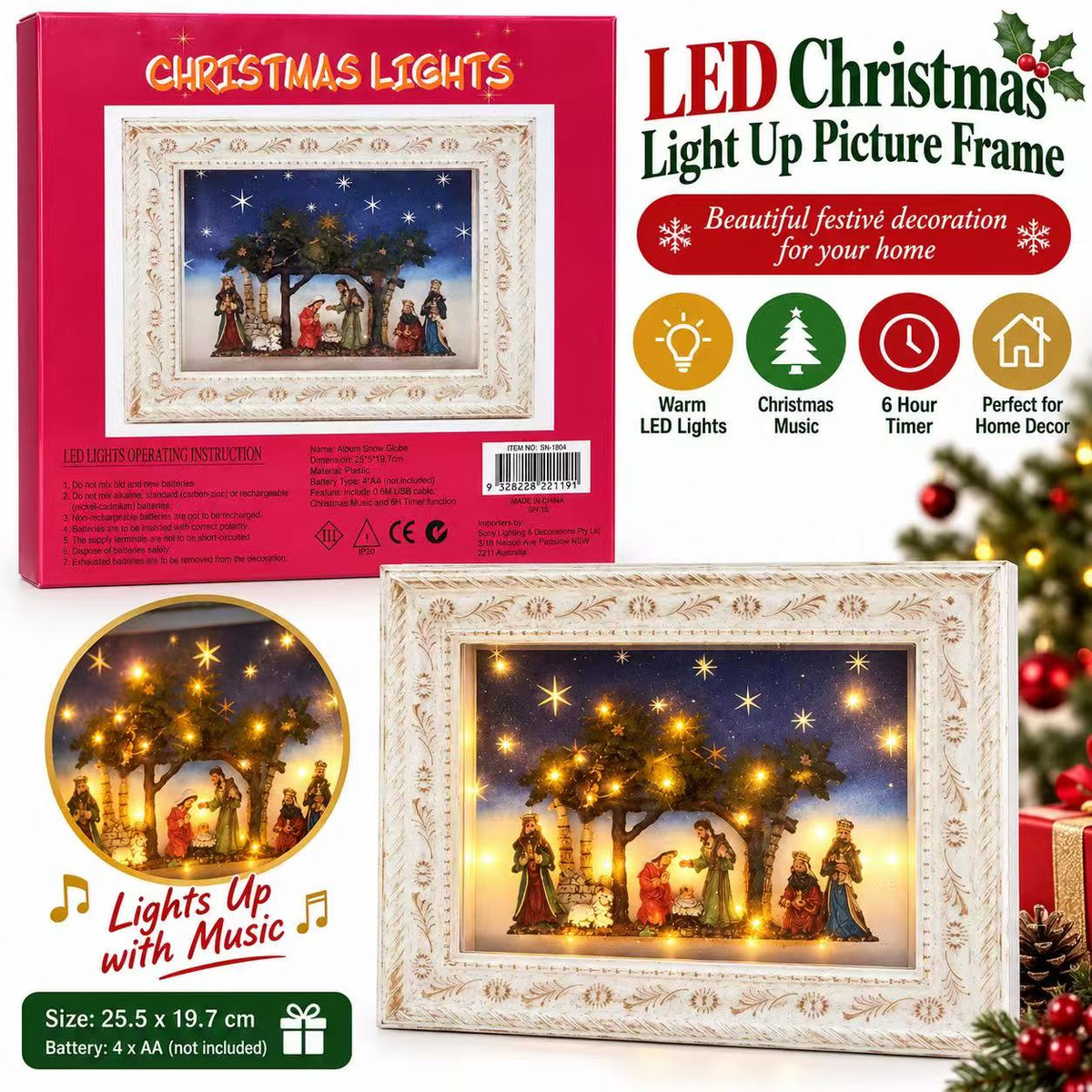 LED Christmas Nativity Light Up Picture Frame Music 6H Timer Xmas Decoration