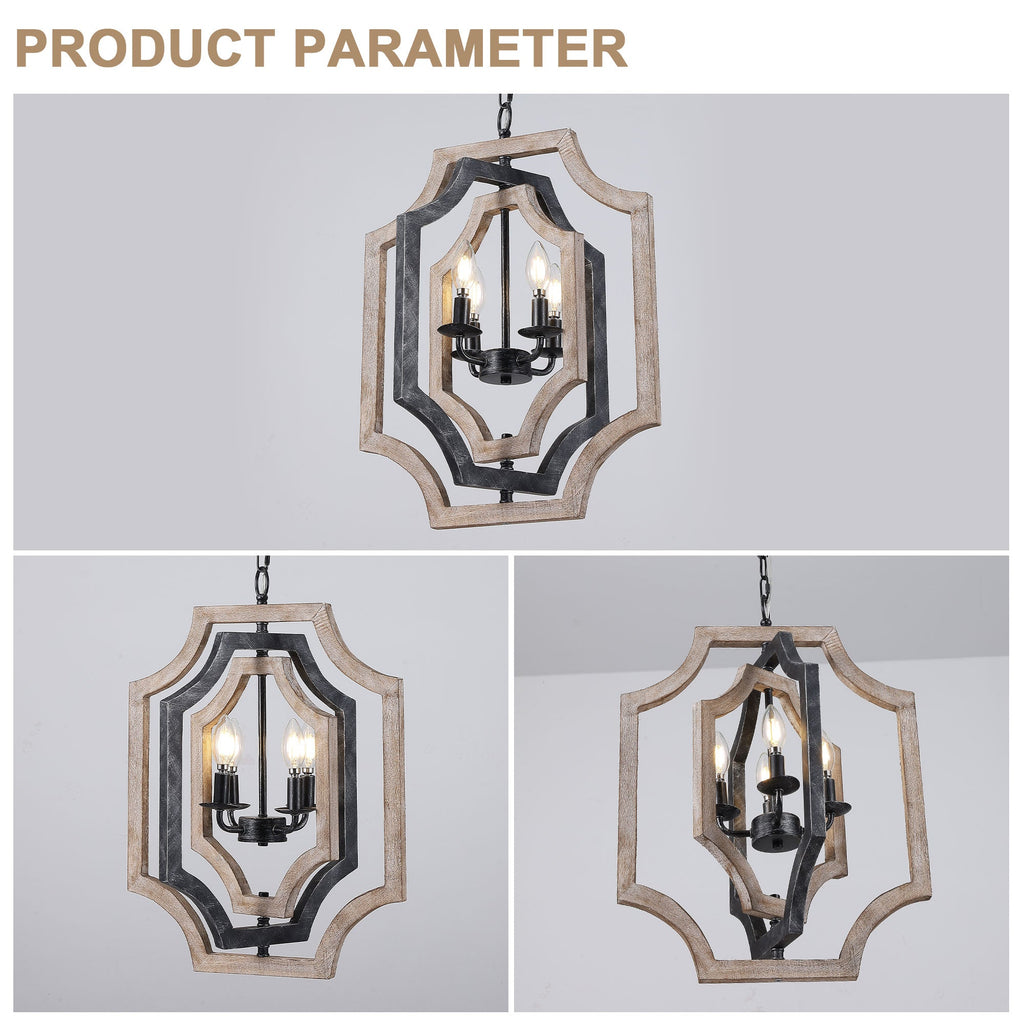 4 - Lights Distressed Wood Chandelier with Adjustable Chain, 16.9" Geometric Chandelier for Entryway with DIY Shade