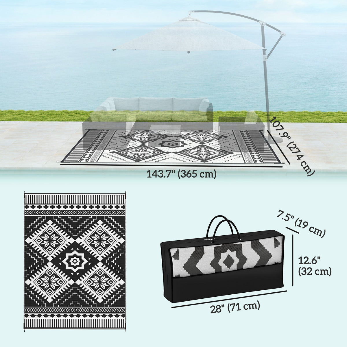 9' x 12' Patio Reversible Outdoor RV Rug with Carry Bag, Toothed Rhombus, White & Black