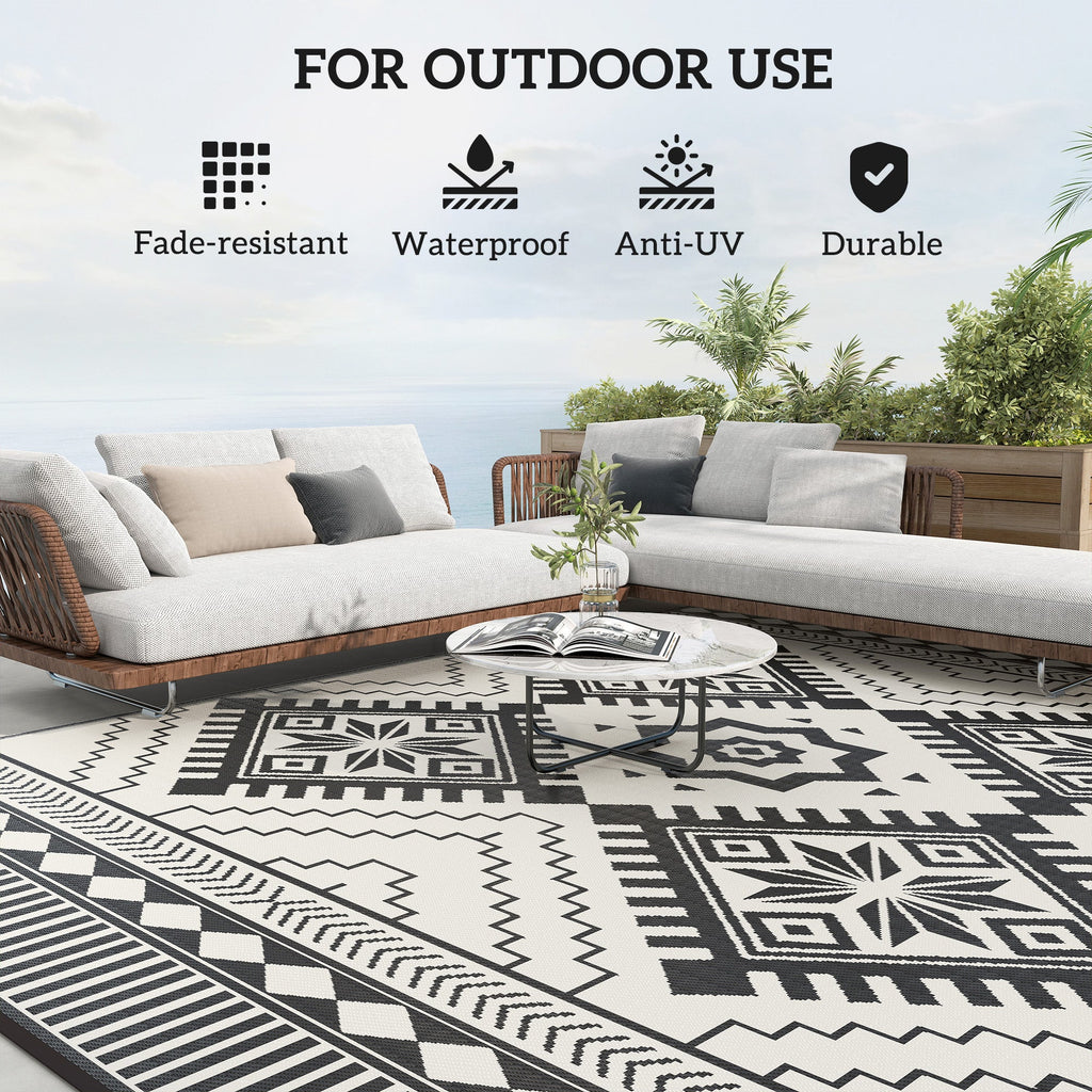 9' x 12' Reversible Outdoor Rug, Waterproof w/ Carry Bag, White & Black Toothed Rhombus