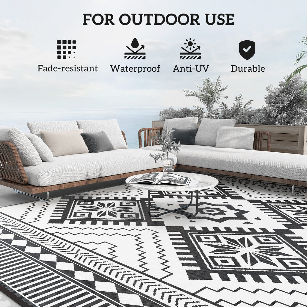 9' x 12' Patio Reversible Outdoor RV Rug with Carry Bag, Toothed Rhombus, White & Black