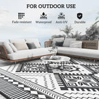 9' x 12' Patio Reversible Outdoor RV Rug with Carry Bag, Toothed Rhombus, White & Black