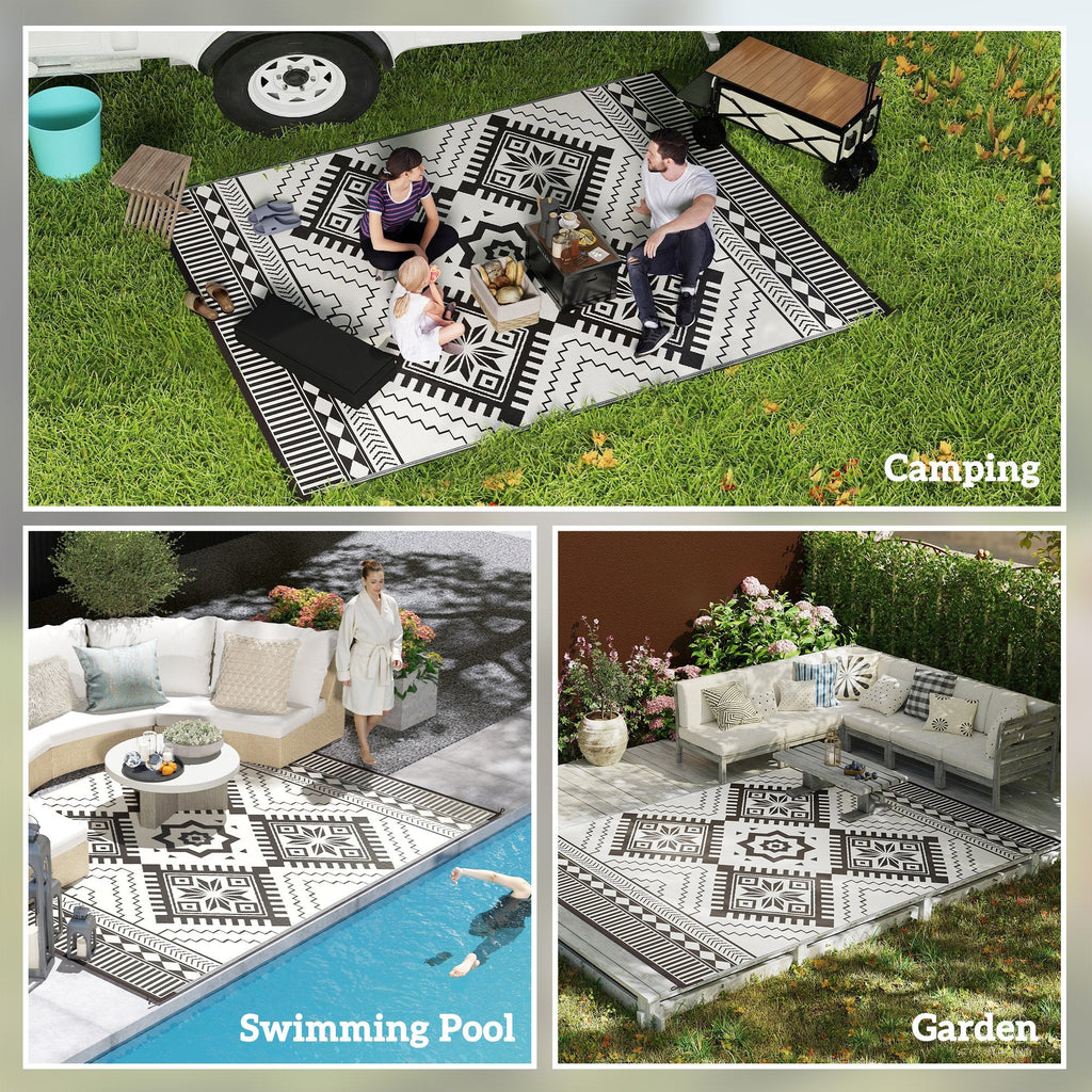 9' x 12' Reversible Outdoor Rug, Waterproof w/ Carry Bag, White & Black Toothed Rhombus
