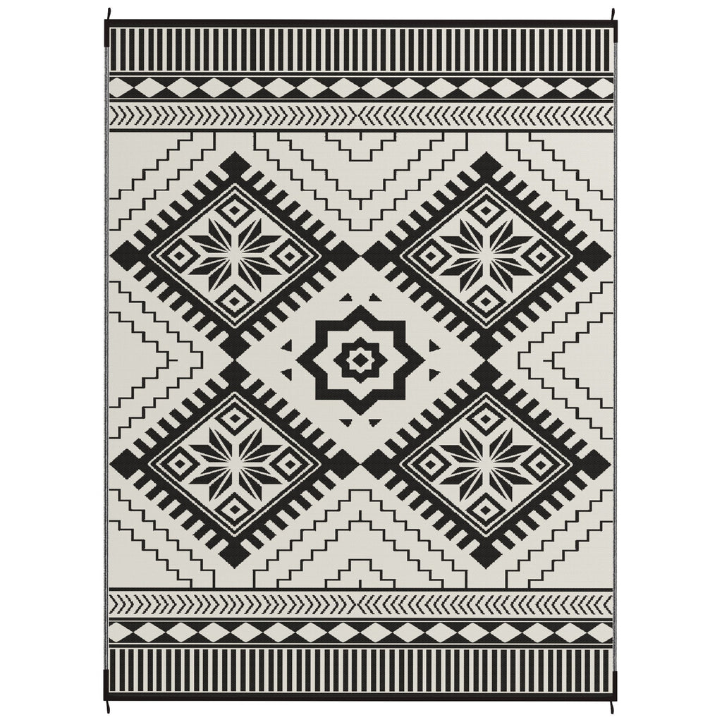 9' x 12' Reversible Outdoor Rug, Waterproof w/ Carry Bag, White & Black Toothed Rhombus