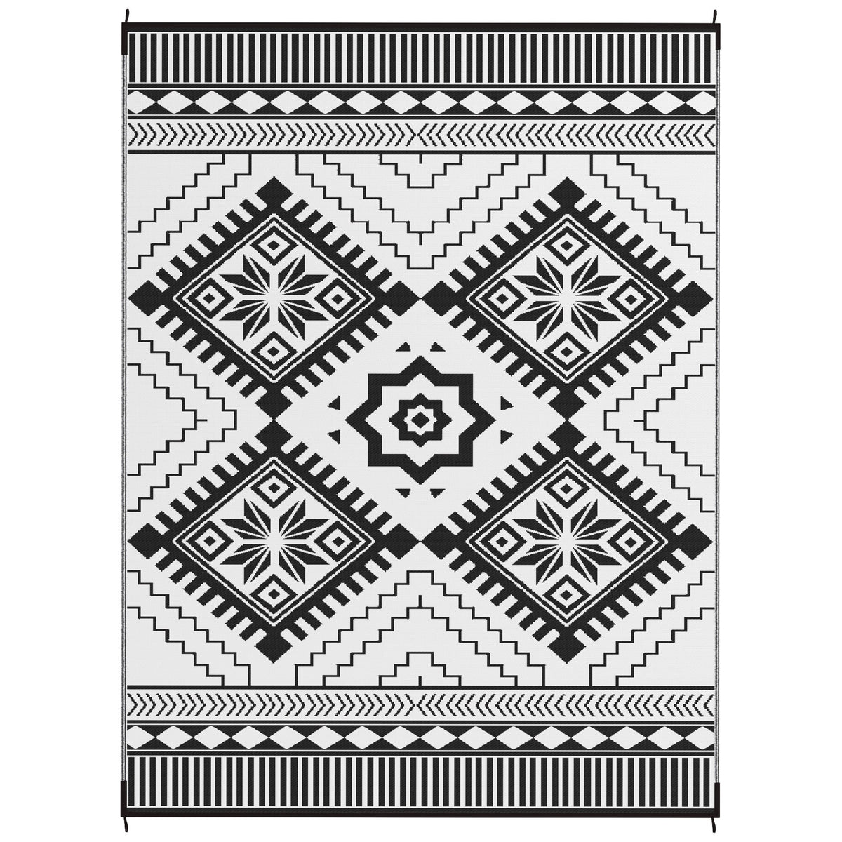 9' x 12' Patio Reversible Outdoor RV Rug with Carry Bag, Toothed Rhombus, White & Black