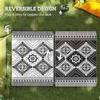 9' x 12' Patio Reversible Outdoor RV Rug with Carry Bag, Toothed Rhombus, White & Black