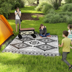 9' x 12' Patio Reversible Outdoor RV Rug with Carry Bag, Toothed Rhombus, White & Black