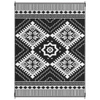 9' x 12' Patio Reversible Outdoor RV Rug with Carry Bag, Toothed Rhombus, White & Black