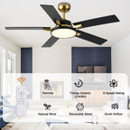 52 Inches Black and Gold Modern Ceiling Fan with LED Lights, 6 Speeds DC Motor Indoor Ceiling Fan for Large Room