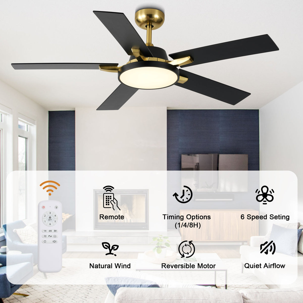 52 Inches Black and Gold Modern Ceiling Fan with LED Lights, 6 Speeds DC Motor Indoor Ceiling Fan for Large Room